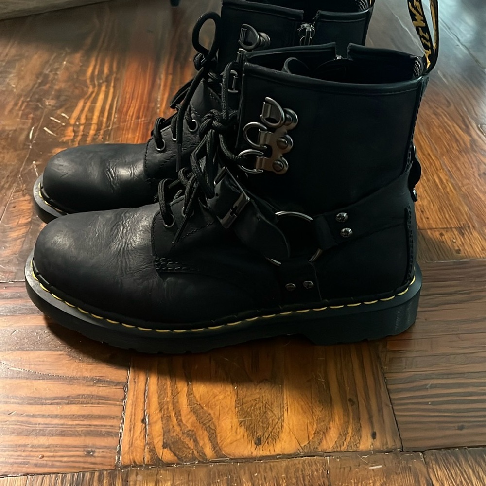 Black Leather Doc Marten Combat Boots with Harness Rings - Picture 3 of 9